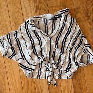 Striped Black & White Tie-Front Button Shirt - Women